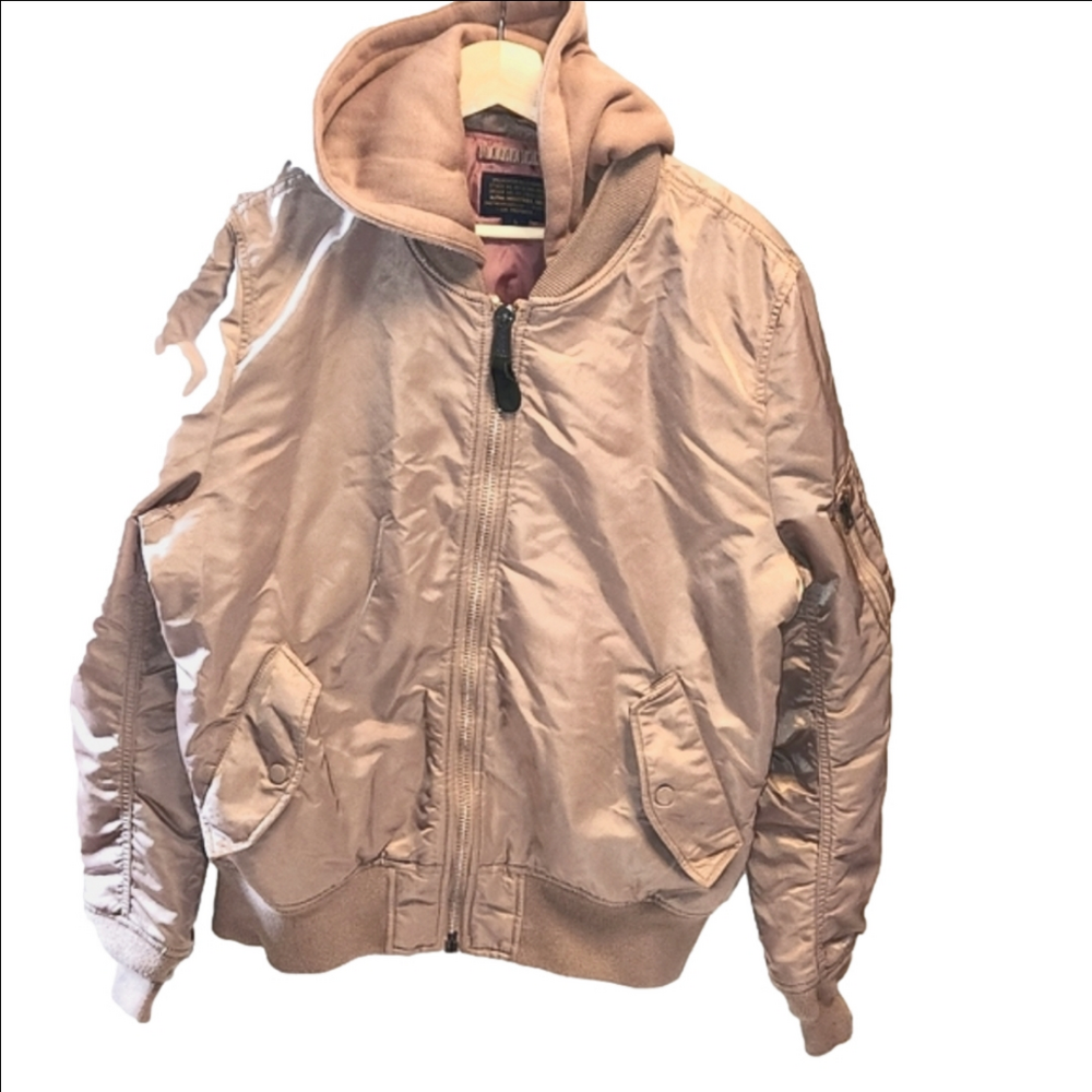 Alpha Industries dusty pink hooded bomber zip up puffer jacket sz L unisex